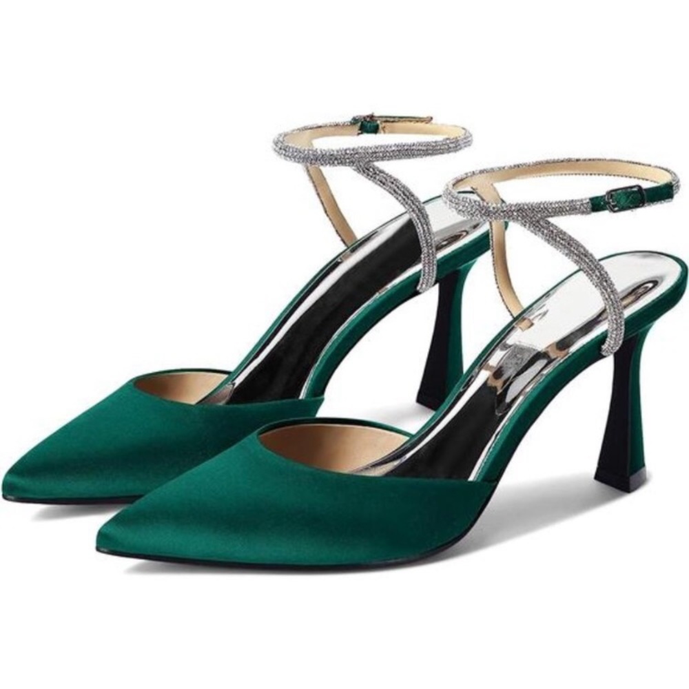 Women Rhinestone Heels Satin Pointed Toe Shoes Green